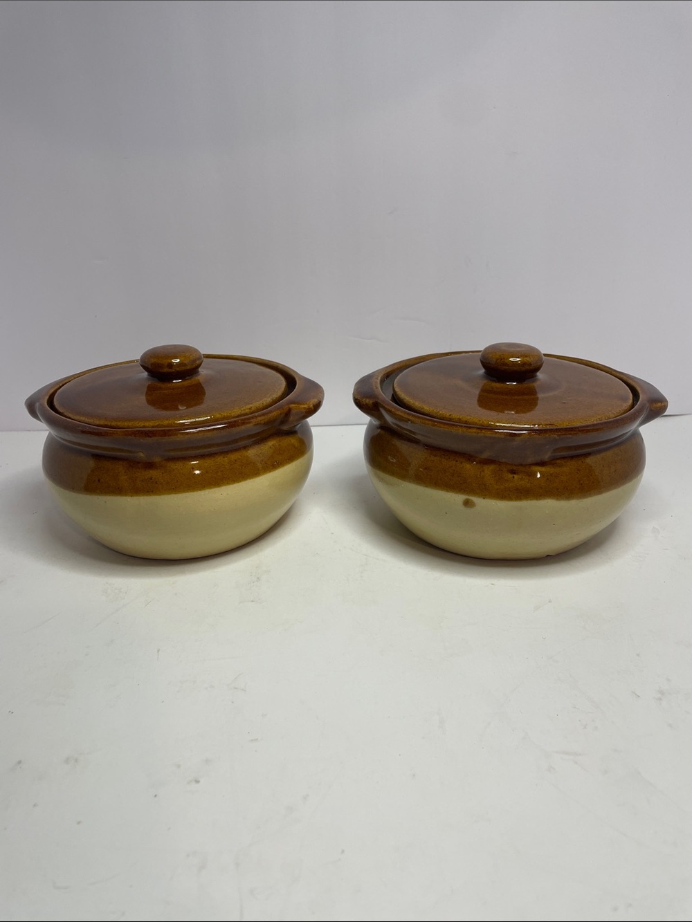Stoneware Covered Casserole Bowls “bean pots” in Brown and Cream - Set of 2